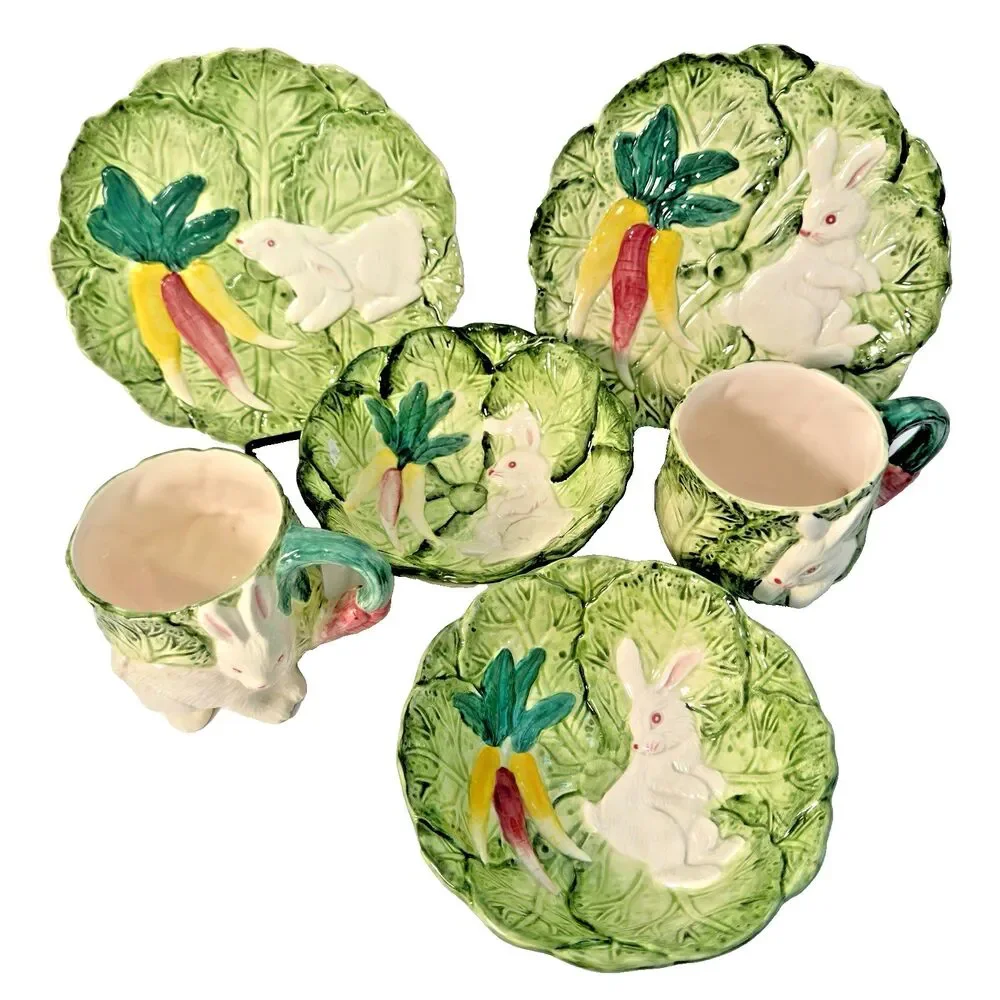 Bunny Lane Hand Painted Easter Dish Set Rabbit Spring Carrot Collect Fun‎ Rare